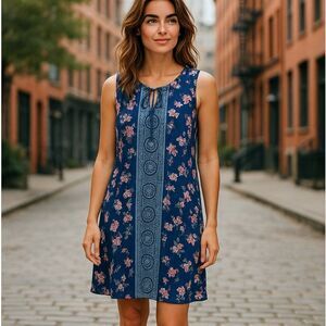 Charming Charlie sleeveless navy floral boho shift dress, size M